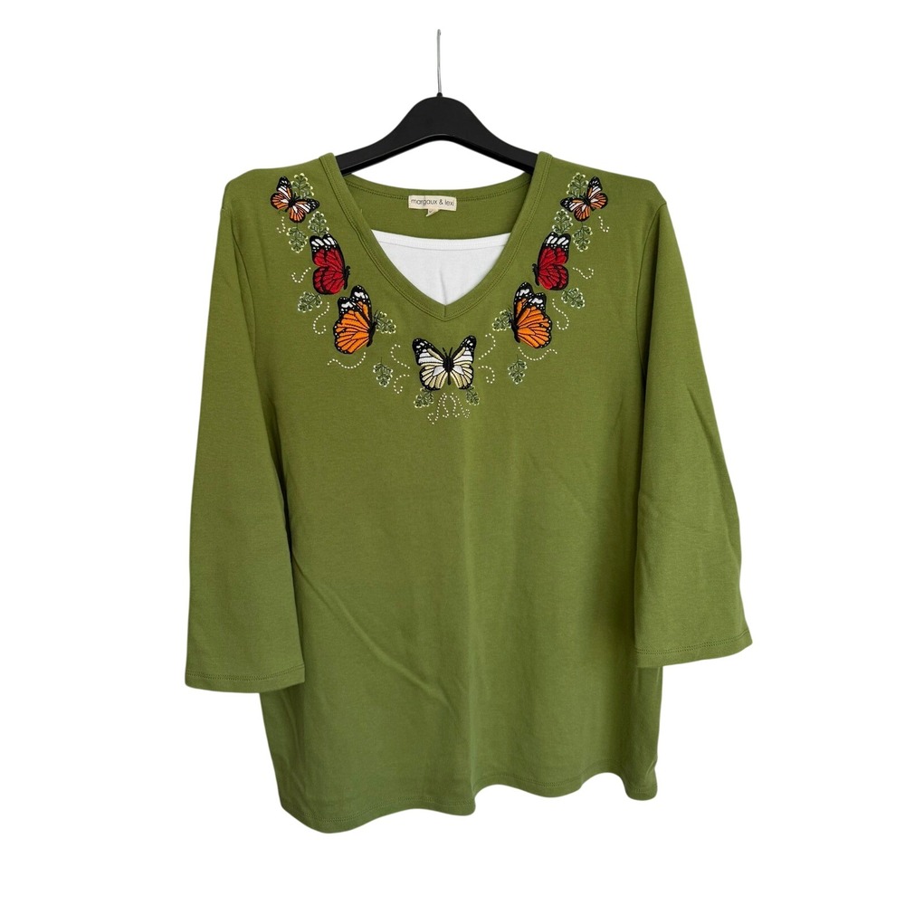 Margaux & Lexi Green Butterfly Embroidered V-Neck 3/4 Sleeve Top XXL M16341A314